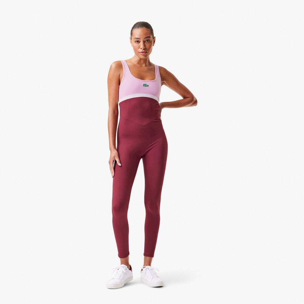 Lacoste x Bandier Colorblock Full Bodysuit All Motion Bordeaux Size Large - Picture 3 of 13